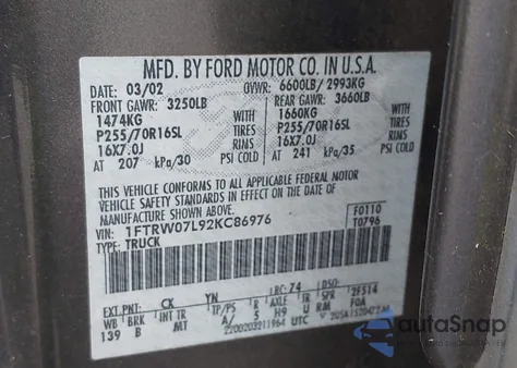 2002 Ford F-150 Lariat/Xlt from USA, damaged, VIN 1FTRW07L92KC86976